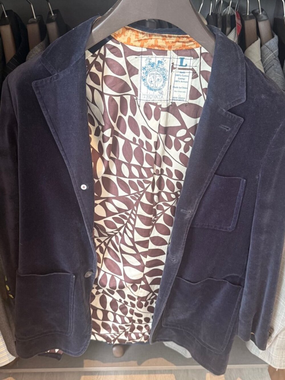 Trovata Navy Cotton Velvet Blazer Leaf Print Lining